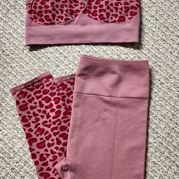 Fabletics Pink and Red Leggings and Sports Bra Combo with Leopard Print - Picture 1 of 6